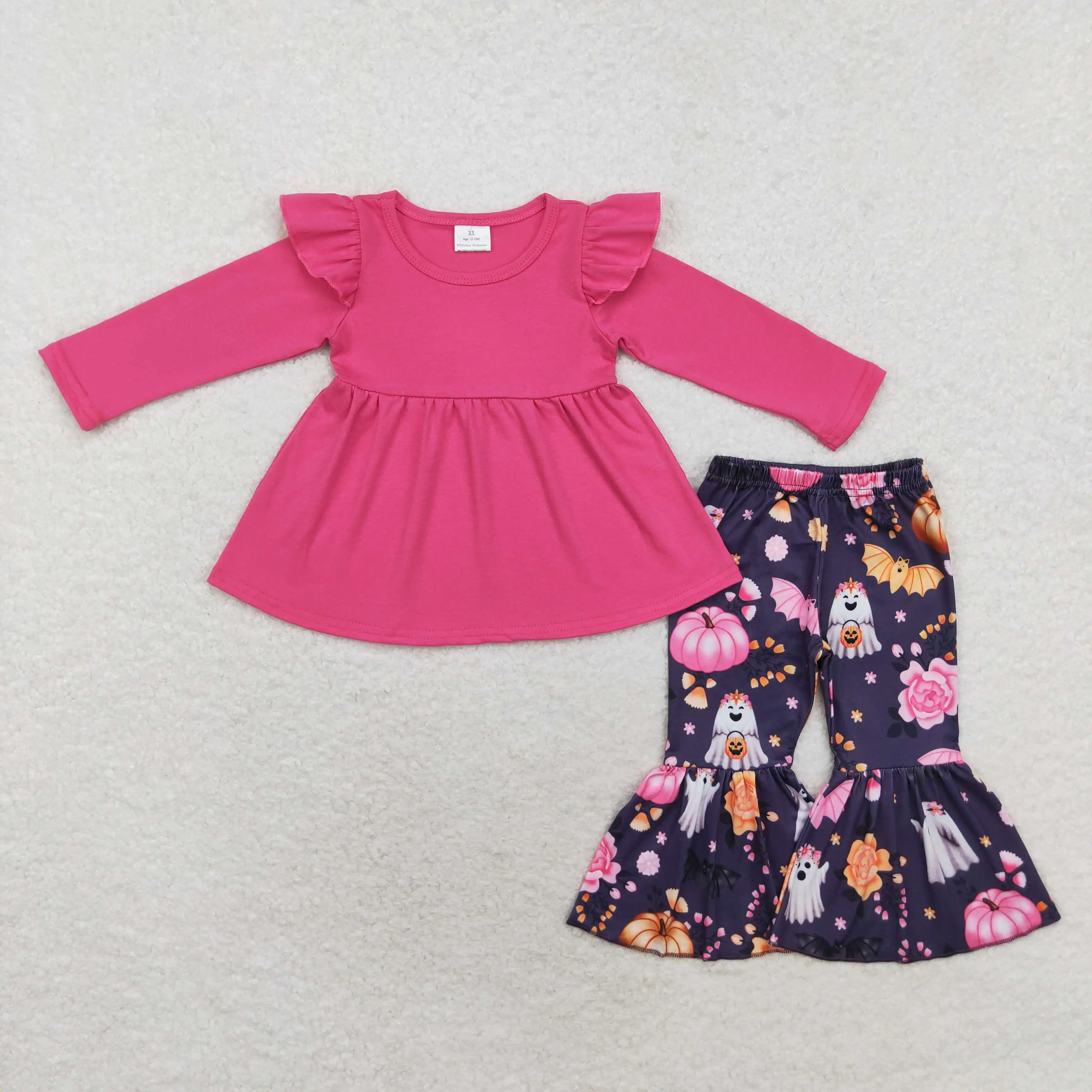 

new arrival baby girl hot pink tunic top Halloween ghost boo pumpkin bell bottoms clothes wholesale children fall winter outfit