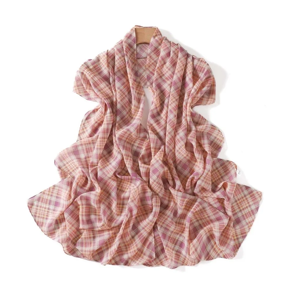 Classic Long British Plaid Print Scarf Chiffon Ultralight Women's Hijabs Soft Breathable Beach Sun Protection Scarf