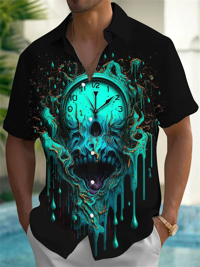2025 new men's short sleeved shirt skull face 3D printed short sleeved retro loose oversized men's holiday clothing