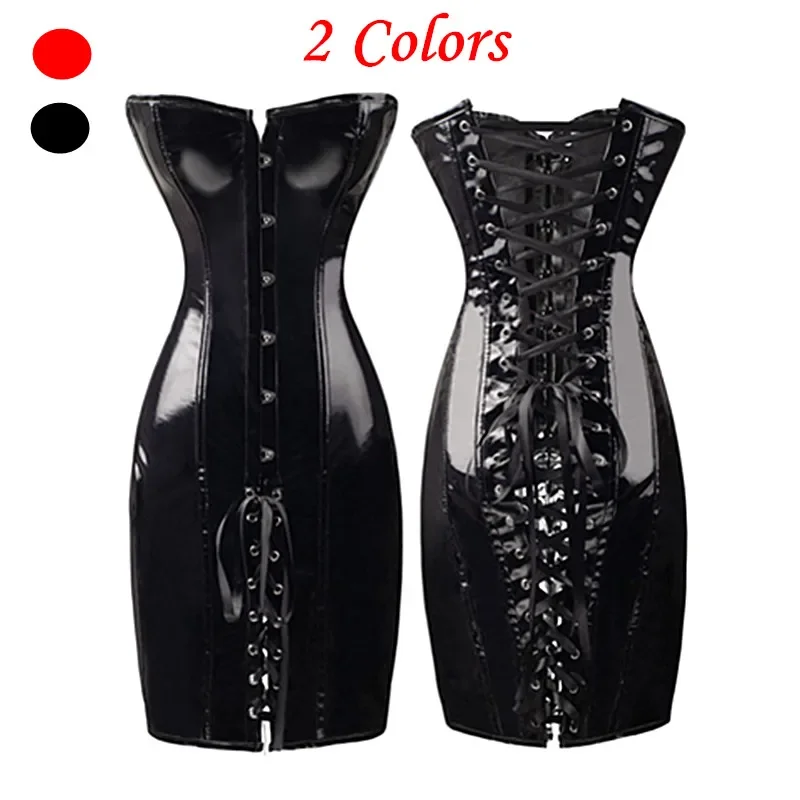 

Black Sexy Shiny PVC Leather Long Waist Corset Women's Lace Up Hook Overbust Waist Slimming Bustier Corsets Corselet Plus Size