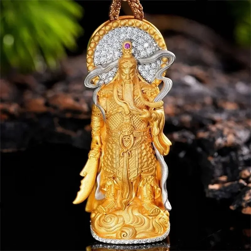 Golden Knife, Guan Gong Pendant God of Wealth Necklace Ornaments, Golden Statue New Chinese National Retro