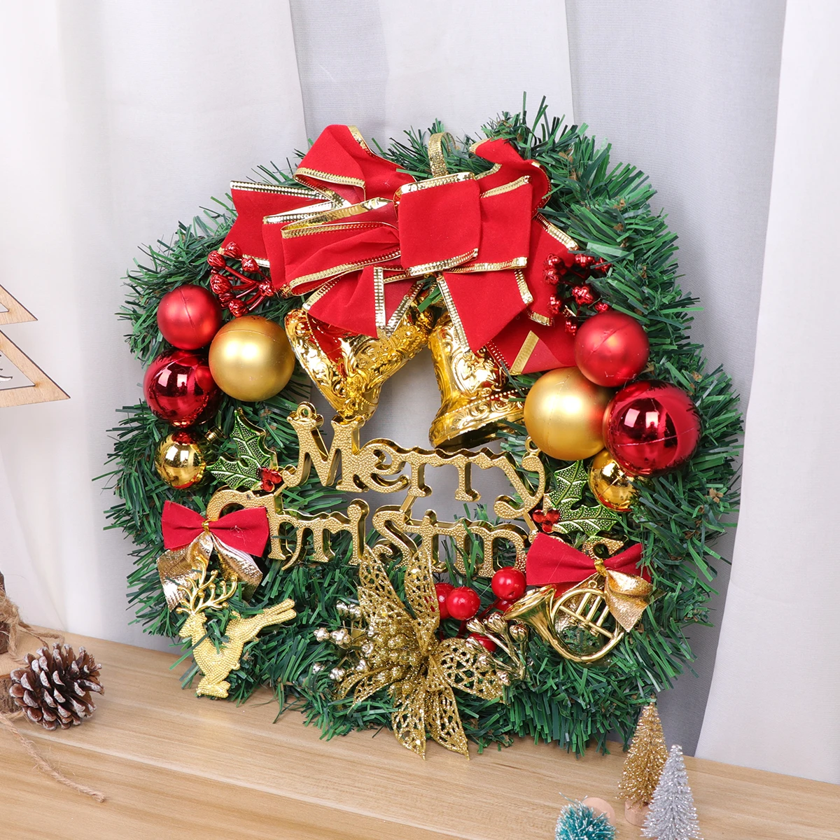 

1pc Christmas Rattan Wreath Garland Shiny Xmas Balls Door Hanging Decoration Fall Season Home Wall Fireplace Ornament Romantic
