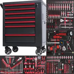 Auto repair lockable seven-drawer red tool cabinet with five hand tool sets for garage storage