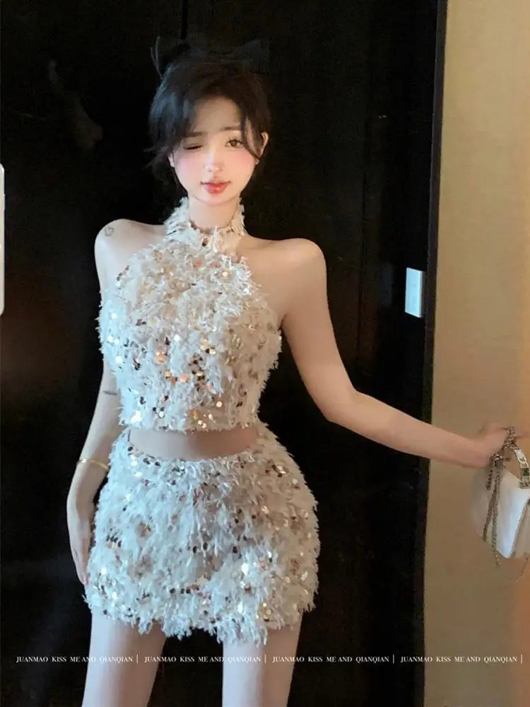 

Gothiscyn Hot Girl Set Women's Summer Sequin Halter Neck Tassel Top High Waist Short Skirt Two-piece Set Fashion Female Clothes