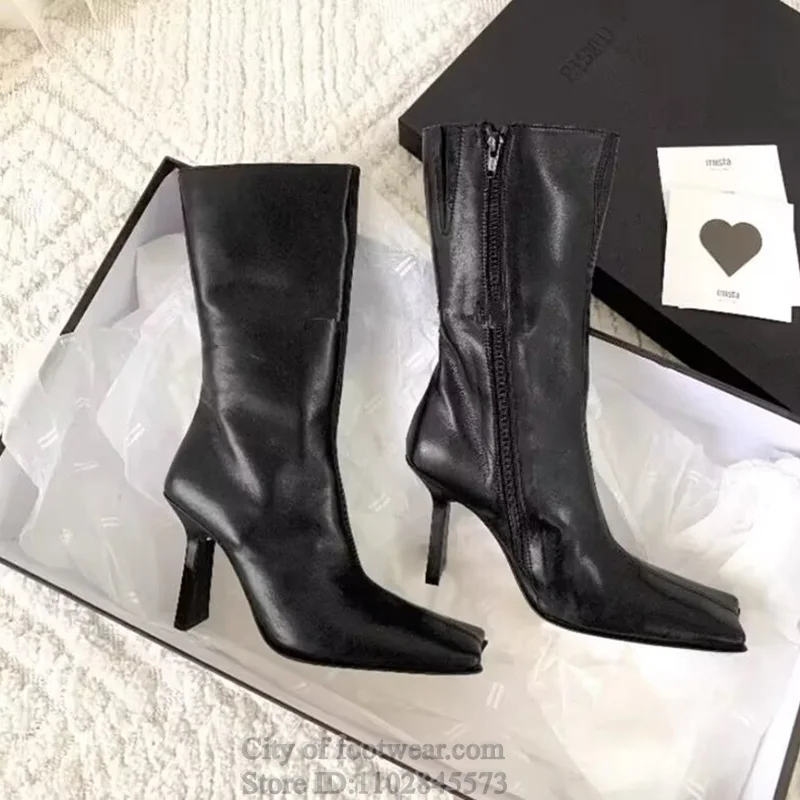 Black Leather Square Toe Mid Calf Boots Block Heel Women's Sexy High Heels Booties Luxury Designer Winter New in Causal Shoes