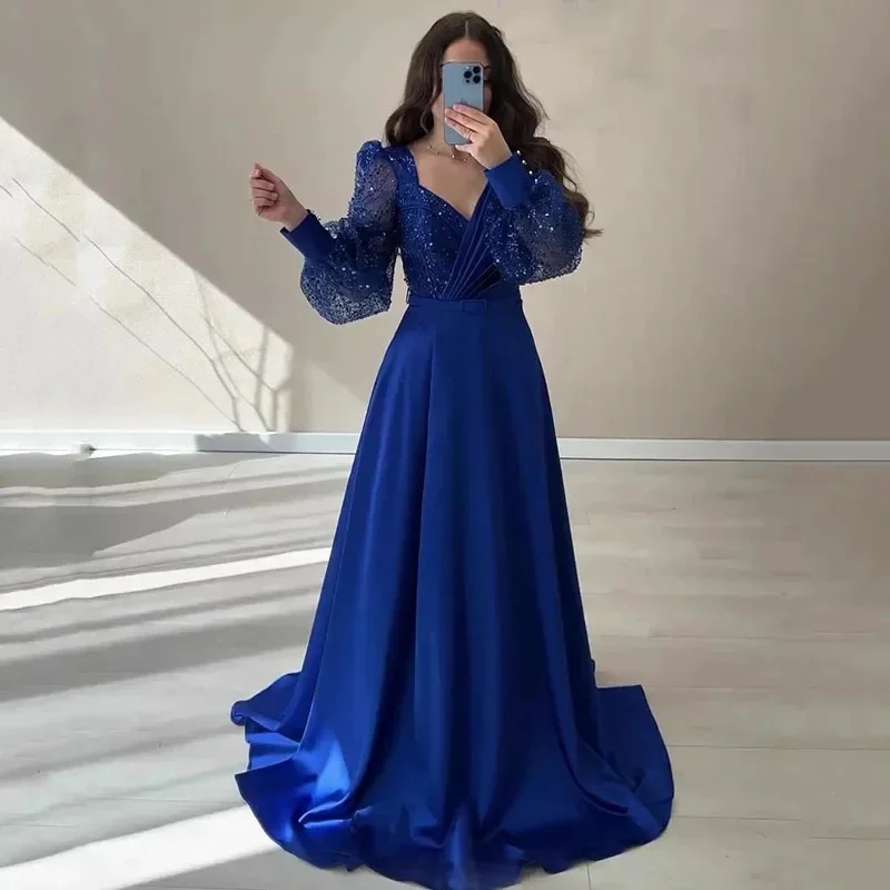 

Flavinke Charming Royal Blue A-Line Prom Dresses V-Neck Long Sleeve Evening Dress Formal Occasion Ladies Gown Vestidos De Fiesta