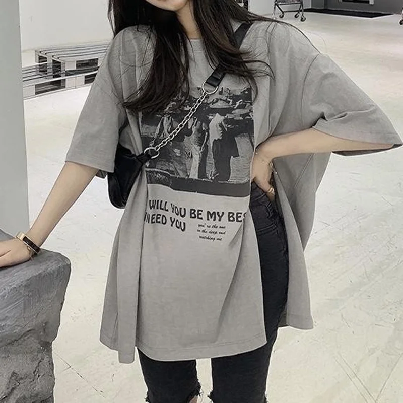 【مقاس كبير】تي شيرت نسائي صيفي كبير الحجم بأكمام قصيرة، بلوزات فضفاضة مطبوعة بمقاسات كبيرة، تي شيرت عصري قديم #4