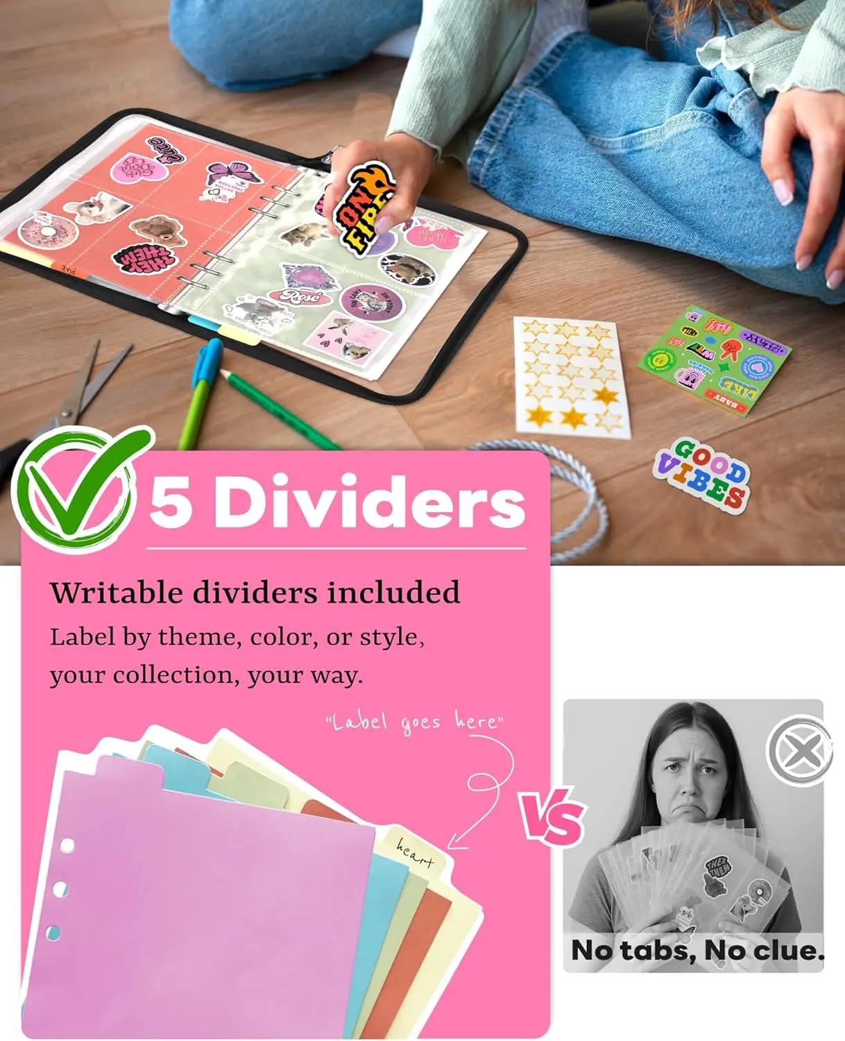 New A5 Sticker Organizer Binder with Zipper - 160 Pockets & 5 Dividers with Tabs,Multi-Use Storage Album for Cards, Photos