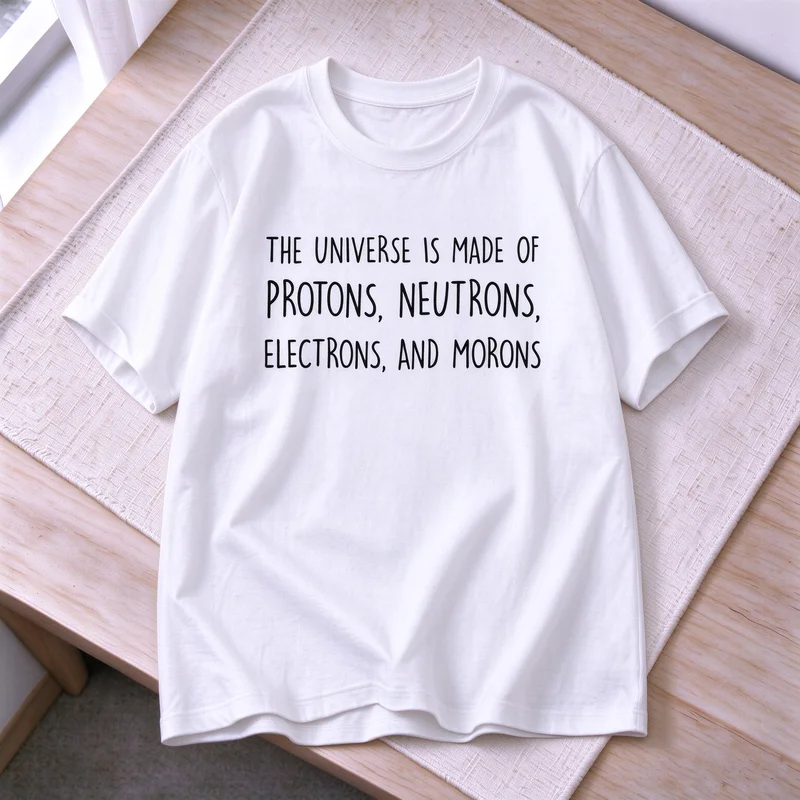 Science Humor Quote Graphic Tshirt Universe Protons Neutrons Electrons Morons Text Print Short Sleeve Casual Streetwear Tee
