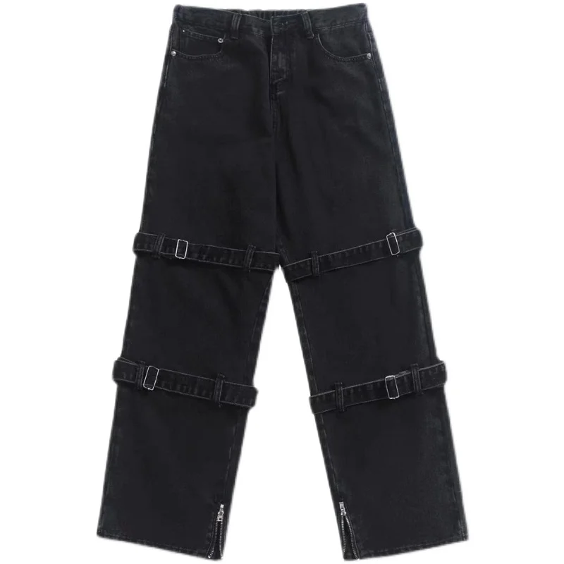 Jeans Hip Hop uomo moda tasca blu/nero Jeans larghi uomo Streetwear pantaloni larghi in Denim Cargo Hip Hop dritti pantaloni da uomo