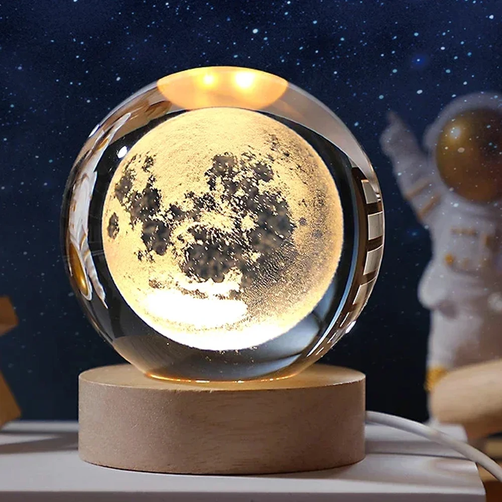 3D Moon Crystal Ball Astronomy Galaxy Solar System Saturn Luminous Balls Snow Glass Globe Night Light Home Desktop Decoration