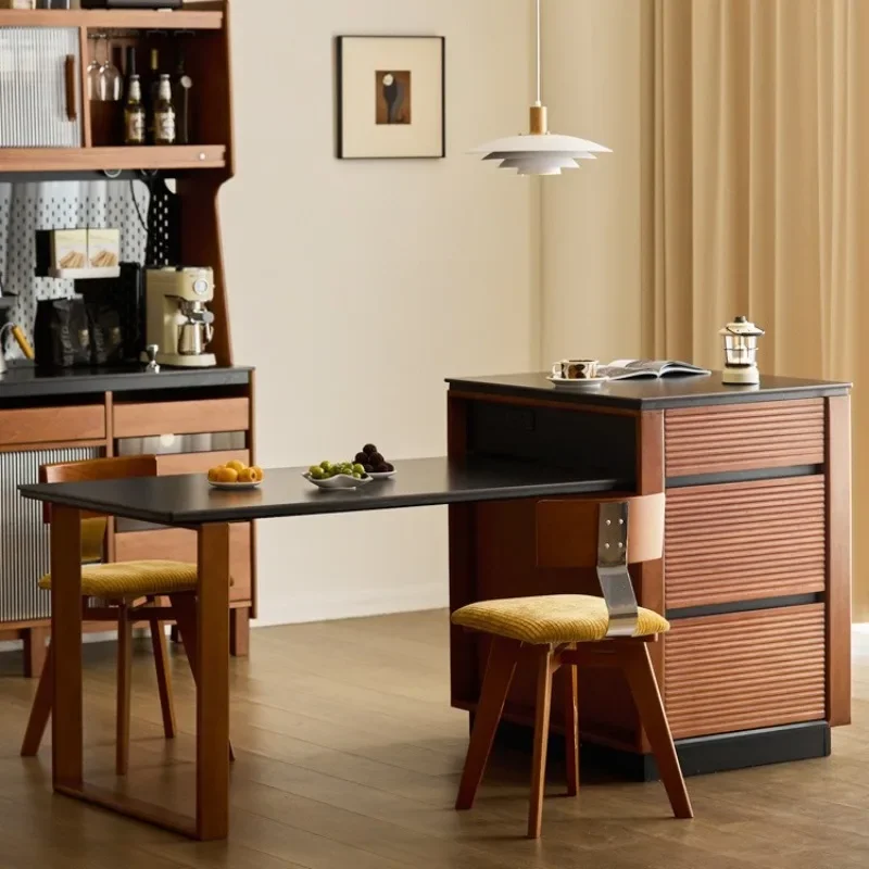 

Island table integrated solid wood rock slab bar cabinet retractable cherry wood small apartment storage cabinet dining edge