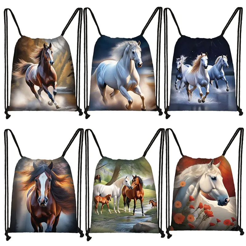 Cool Hardloop Paard Print Trekkoord Tas Mooie Pony Damesschoenen Opbergtassen Voor Reisstudent Boekentas Draagbare Schoenenhouder