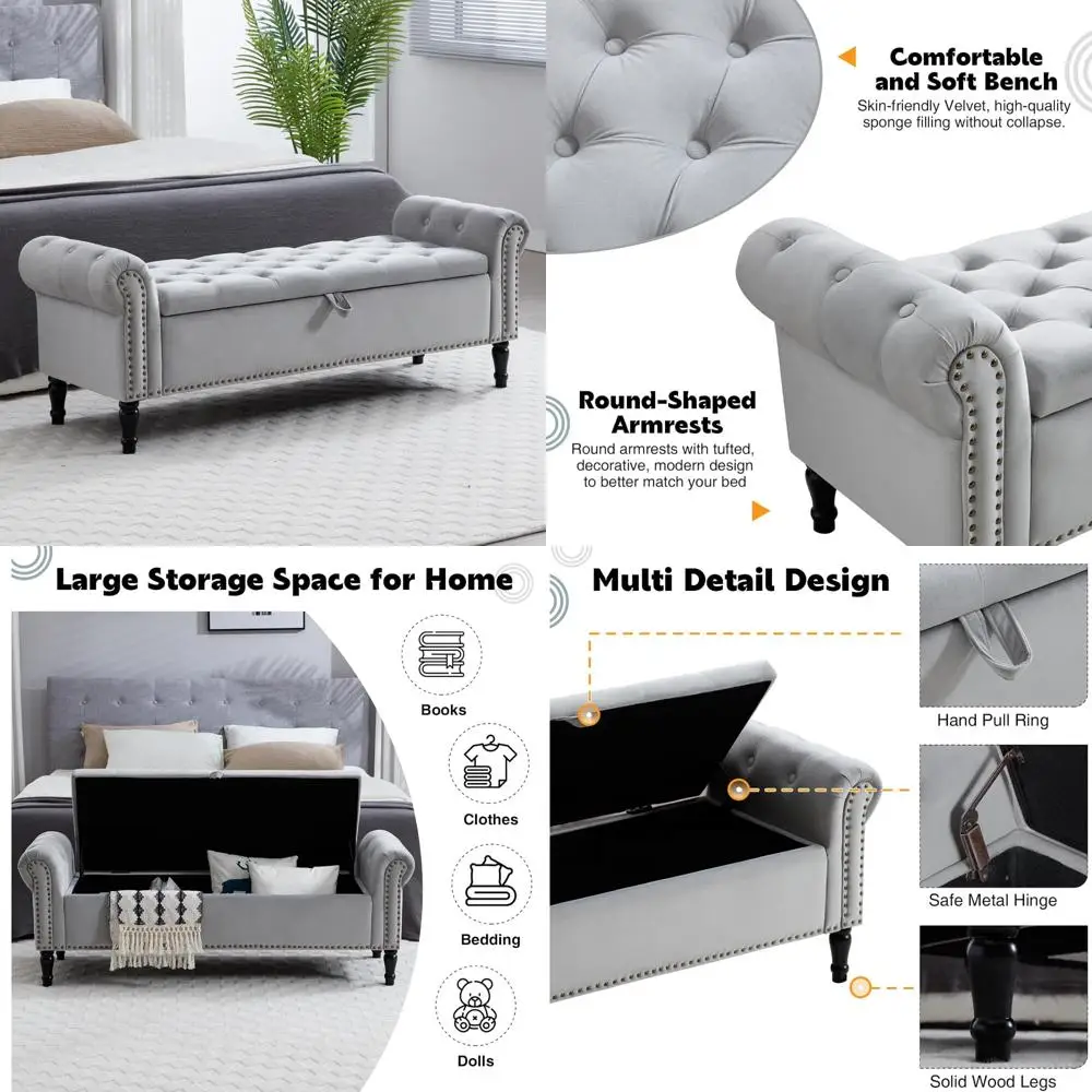 67 Storage Bench for Bedroom, End of Bed Bench King Size, Upholstered Tufted Storage Ottoman Benches with Arms for Living Room a