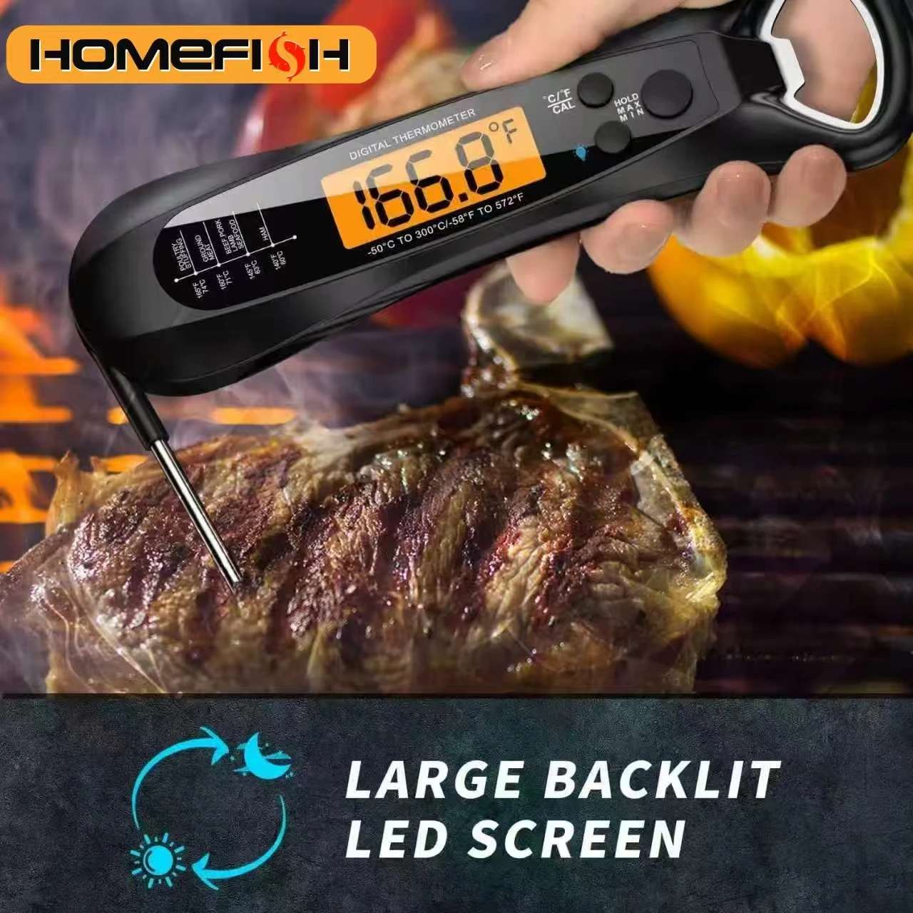 Instant Read Meat Thermometer for Cooking, Fast & Precise Digital Food Thermometer with Backlight, Magnet, Calibration, kitchen