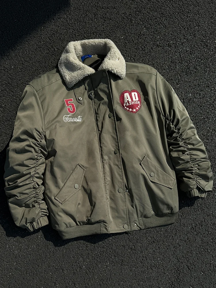

Мужская зимняя куртка-бомбер из хлопка с воротником из овечьей шерсти в американском стиле, утепленная, модная, брендовая, для уличной моды