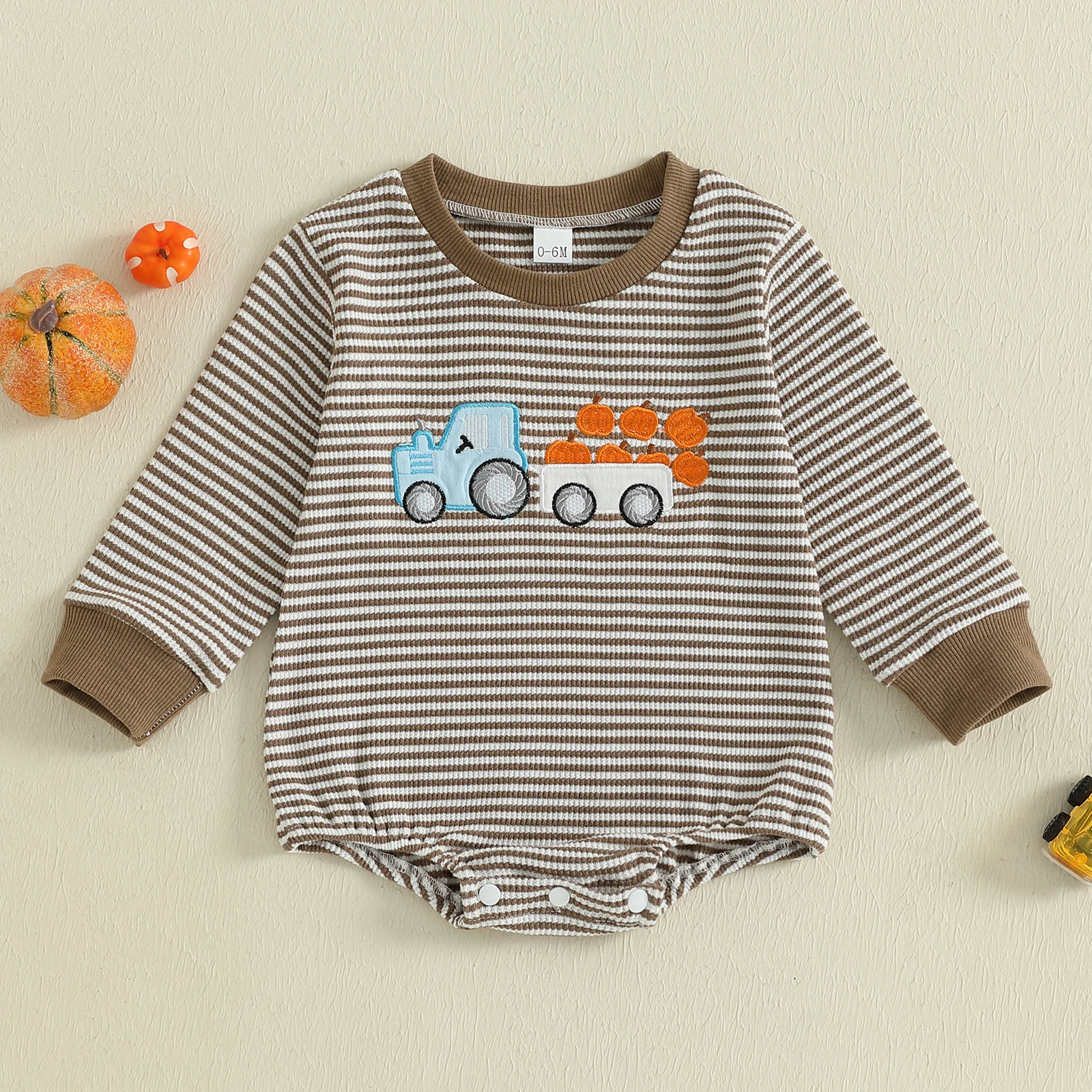 

Baby Boy Halloween Sweatshirt Romper Casual Trucker Pumpkin Embroidery Striped Long Sleeve Jumpsuit for Infant