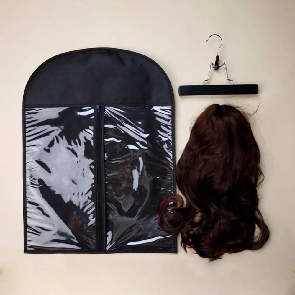 

1 шт. Премиальные чехлы для хранения париков с прочными металлическими вешалками, черный прозрачный дизайн, для нескольких париков, органайзер для волос, вешалки для париков