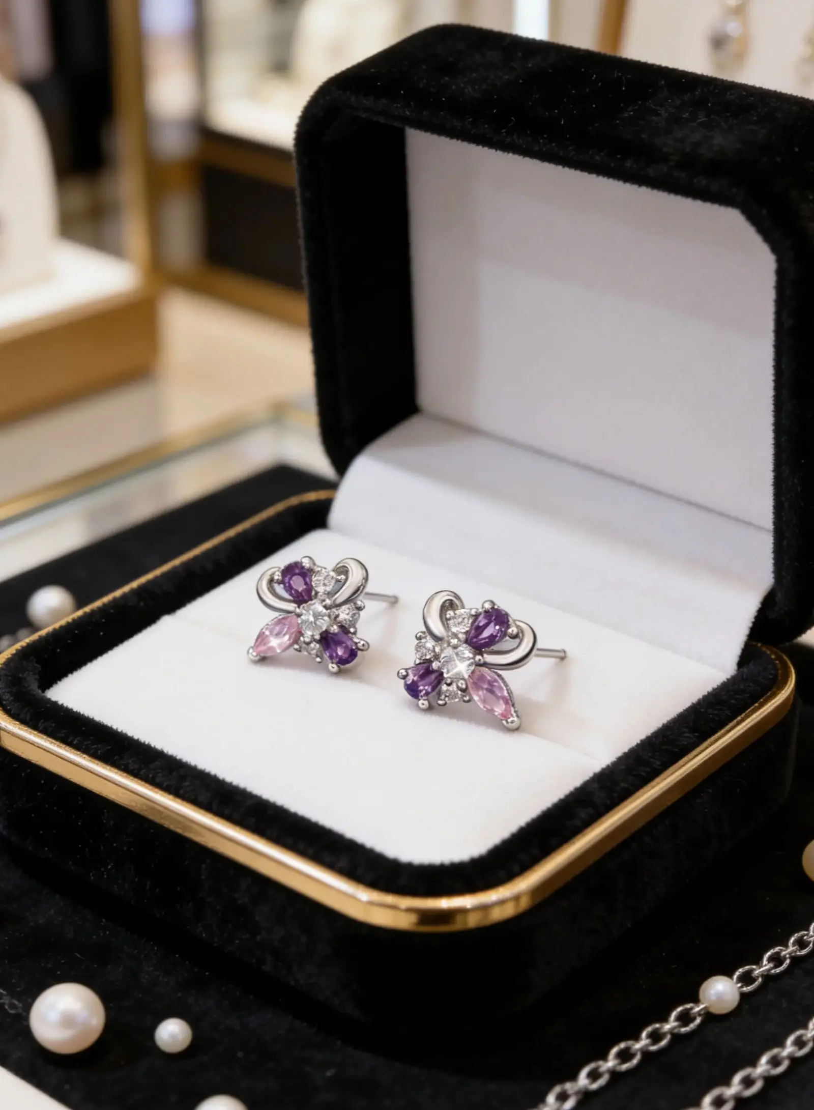 Elegante, luxuriöse Ohrringe aus 925er Silber – mit Zirkon eingelegtes lila Blumendesign, exquisiter Schmuck, perfektes Urlaubs-Geburtstags-Accessoire