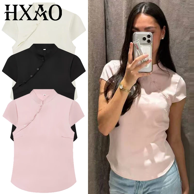 HXAO Satin Crop Top Damen Sommer 2026 Elegantes Asymmetrisches Knopf-Kurzarm-Tanktop Schmal Geschnittenes Oberteil im Chinesischen Stil Urlaubs-Top