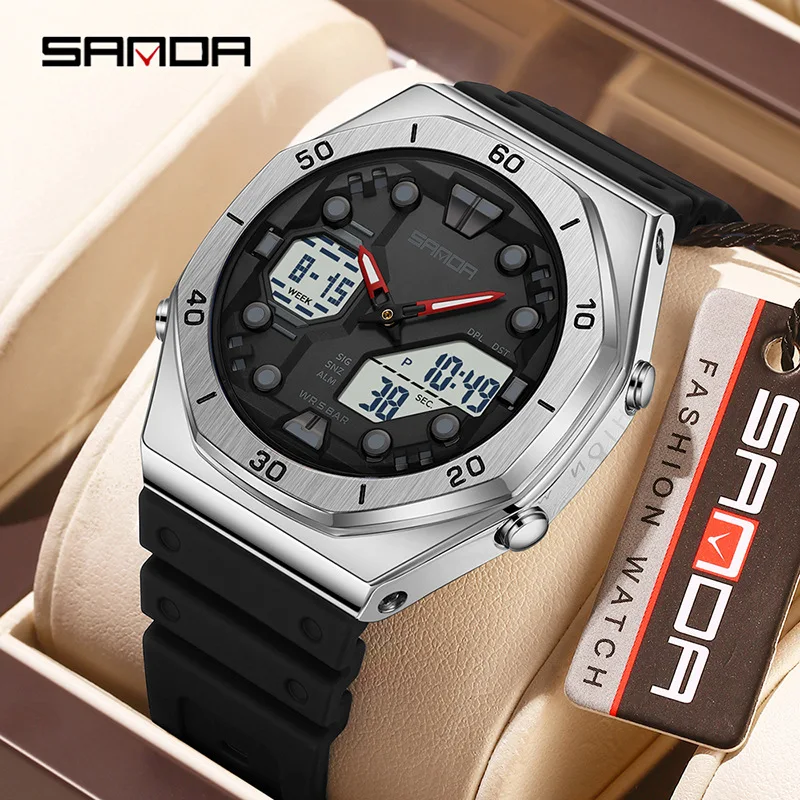 SANDA6306 New Korean Edition Electronic Watch, Men's Double Movement, Night Light Countdown, 28 Time Zones, 4 Alarm Clock Sets
