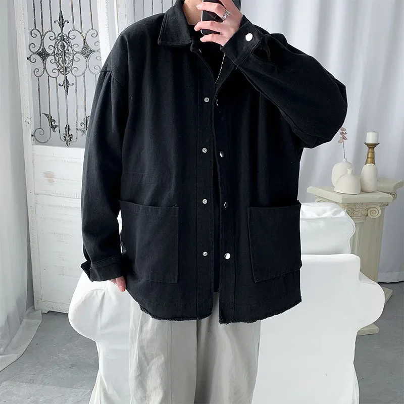 

Spring Autumn Men's Harajuku Loose Long Sleeved Shirt Coat Korean Retro Cargo Shirts For Men Jacket Y2k Streetwear Men Clothing