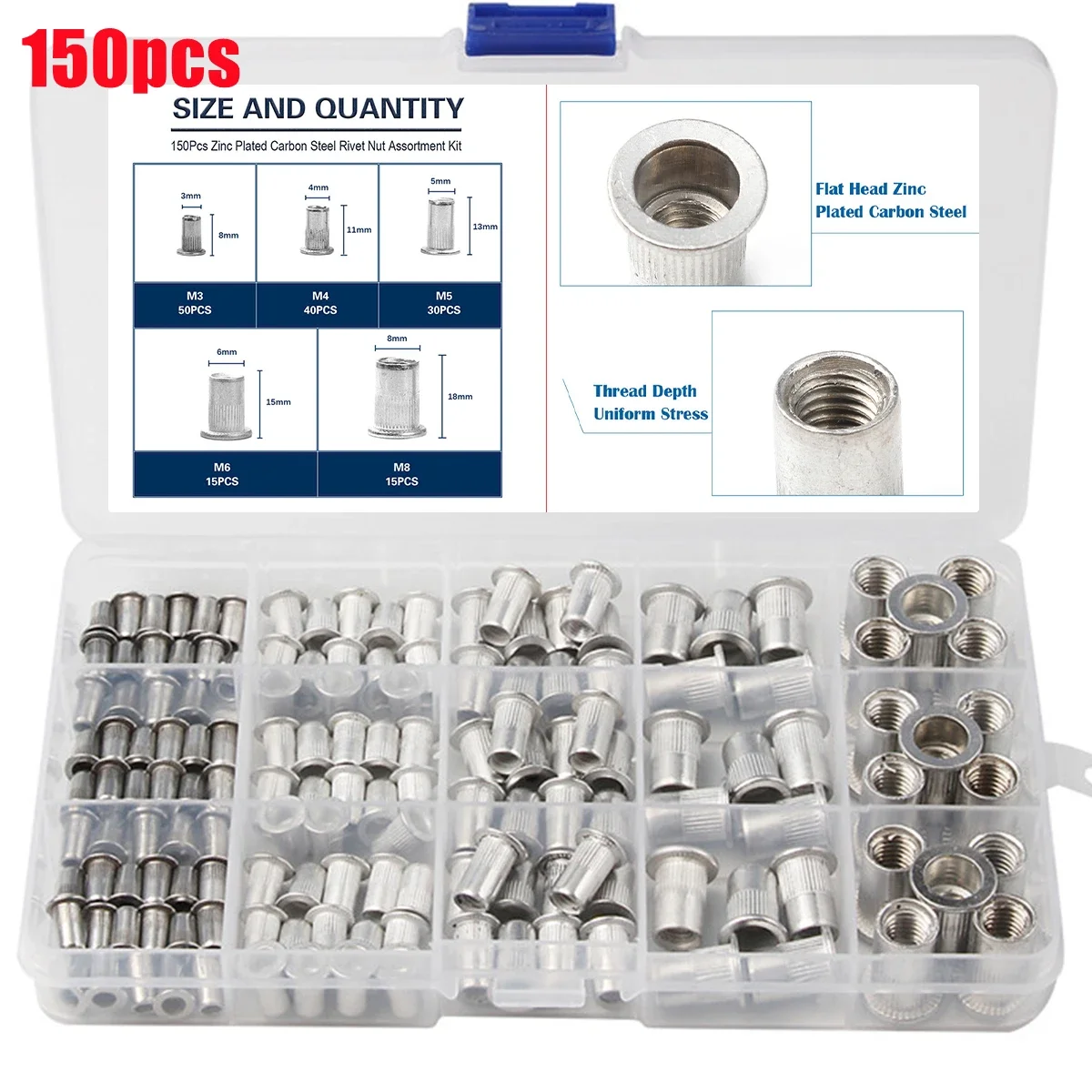 93pcs/150pcs Aluminum Alloy M3 M4 M5 M6 M8 Flat Head Metric Threaded Rivetnut Insert Nutsert Rivet Nut Assortment Kit