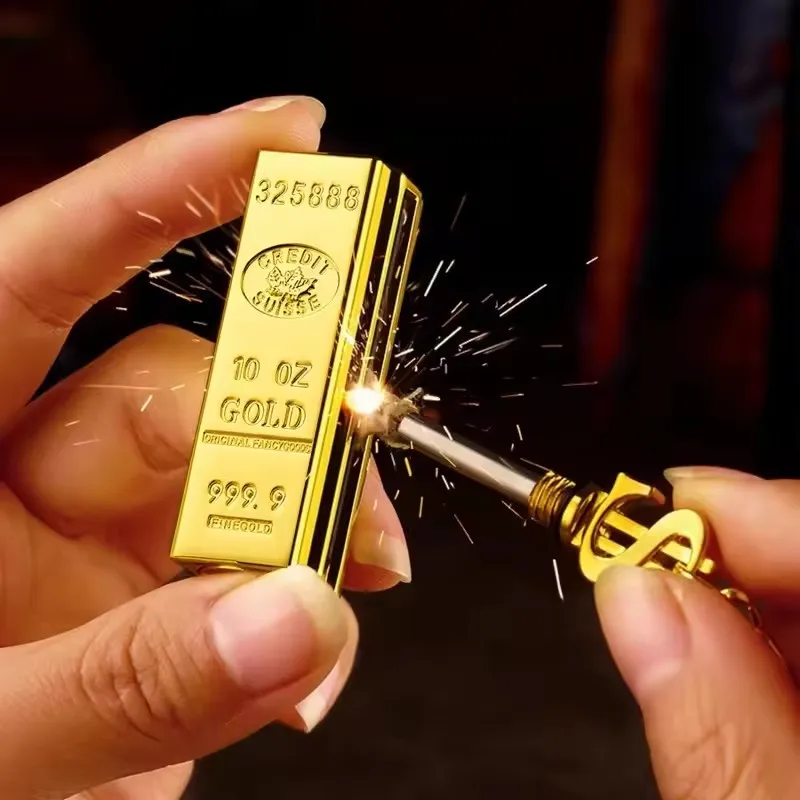 Creative Gold Bar Shaped Metal Lighter With Key Chain Sealed Can Be Filled Waterproof Match Lighter Smoking Accessories Man Gift