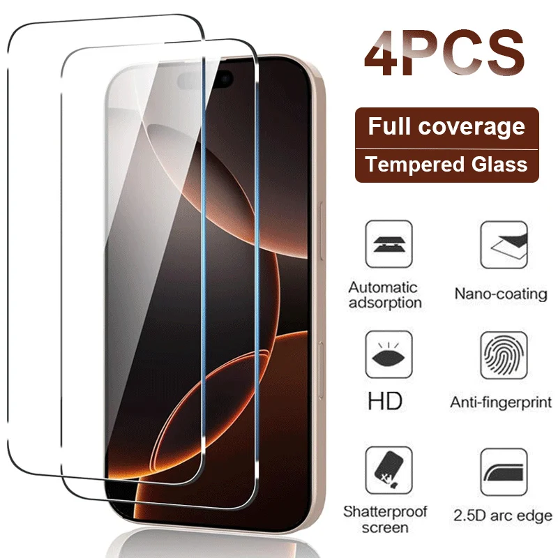 4PCS HD Full Tempered Glass For iPhone 16 Pro Max Screen Protector For IPhone 16 Plus Glass Protective Film