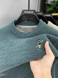 High quality men's round neck knitted sweater autumn winter new Korean style fashion cartoon embroidery thick casual pullover
