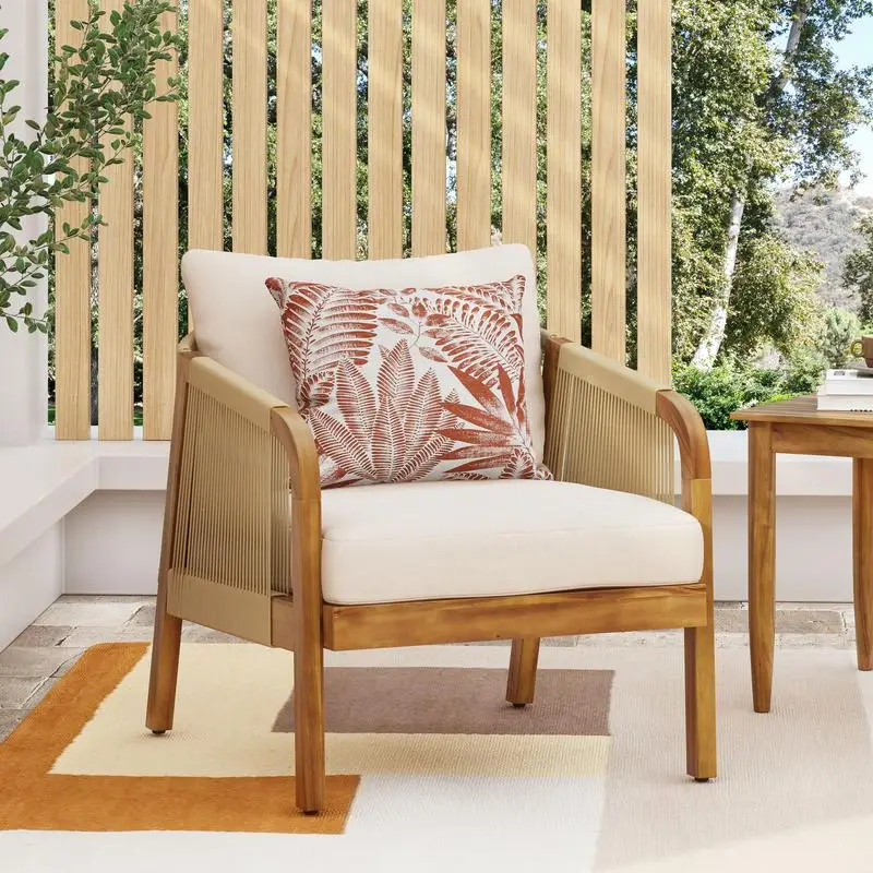 

Acacia Wood Wicker Outdoor Club Chair - Deep Seating with Soft Cushion for Garden, Backyard, Balcony, Brown Beige