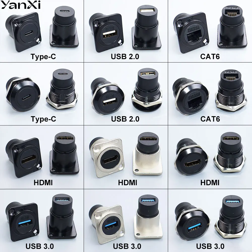 YanXI 1pc Round Socket Module D Type RJ45 Straight Through Network Type-C USB2.0 USB3.0 Connector Panel Mounting HDMI-Jack CAT6