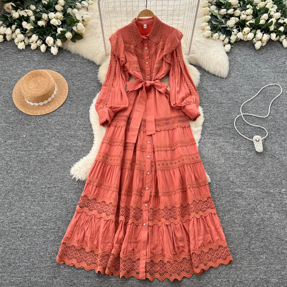 Chic vintage Single Breasted lace long sleeve pleated Elegant Fairy korean fashion Boho women clothing Long dress