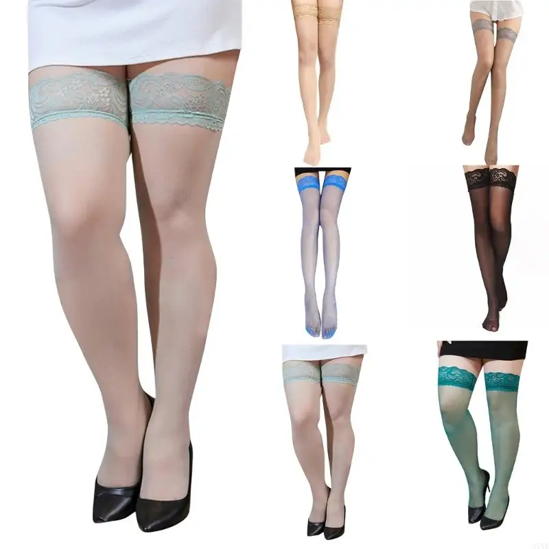 

N7YF Silky Thigh High Stockings with Lace Top for Women Lingerie Nightclub Sexy SeeThrough Colorful Over Knee Long Socks