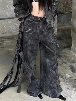 Tasche multiple da donna Y2K Jeans grigi vintage Jean a vita alta Pantaloni dritti Streetwear Pantaloni casual in denim a gamba larga larghi