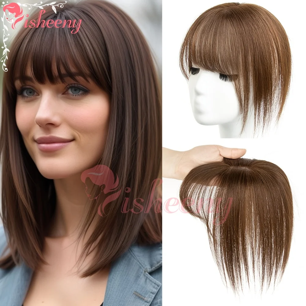 Isheeny Real Human Hair Topper 02# Shade With Fringe Bangs 5×9cm Breathable Mesh 2‑Clip Secure Hair Piece Conceal Sparse Top Receding Hairline Natural Look For Women Full Sizes Option