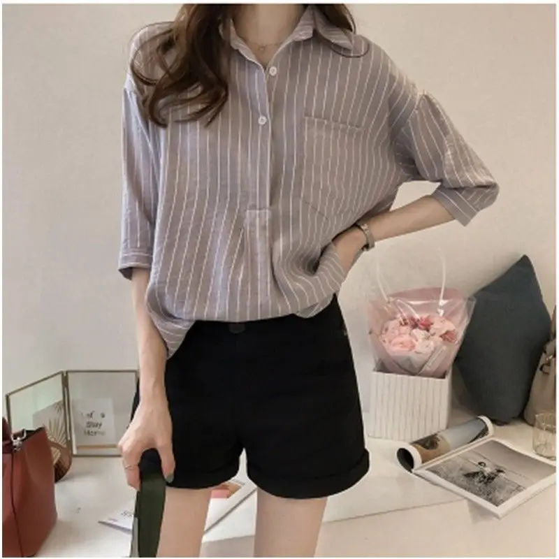 Office Lady Stylish Striped Blouse Spring Summer New 3/4 Sleeve Korean Loose Turn-down Collar Female Clothing Drawstring Shirt