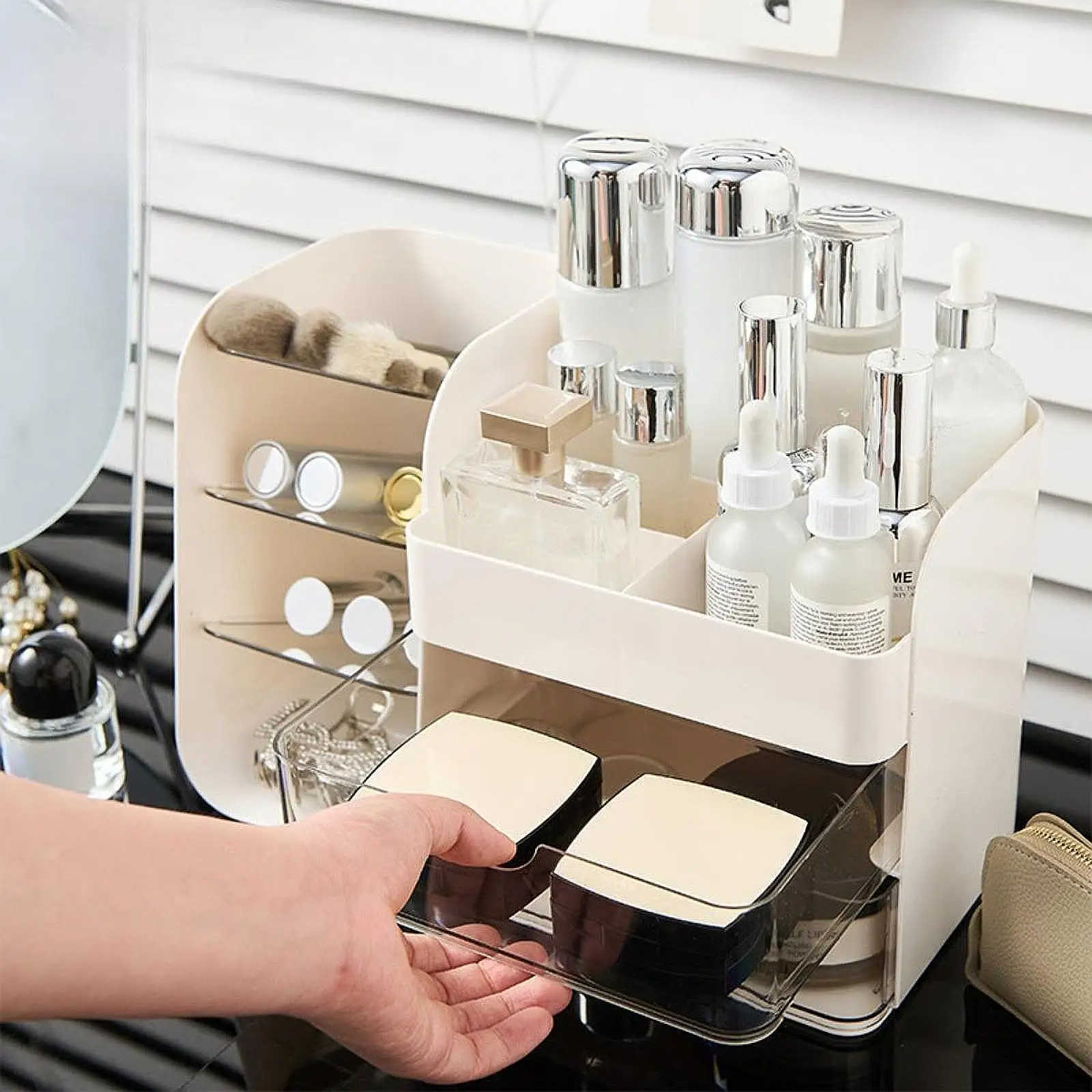 Makeup Organizer Beauty Essential Premium with Brush Holder Cosmetic Display Case for Countertop Bathroom Bedroom Dorms Office