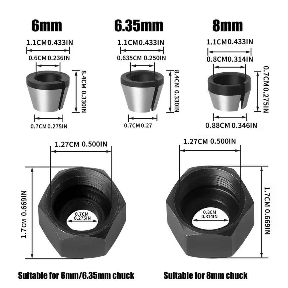 Versátil Woodworking Router Bit Trimming Machine, cabeça conversível e adaptador de eixo, se adapte 6mm, 1/4 ", 8m, 3pcs, 5pcs