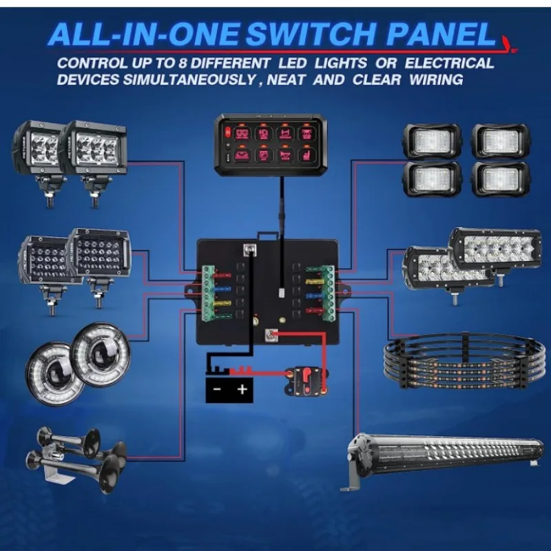 Panel de interruptores táctiles de ocho y doce botones, adecuado para la modificación de vehículos recreativos, Jeeps y yates, con color RGB ajustable en ocho direcciones.