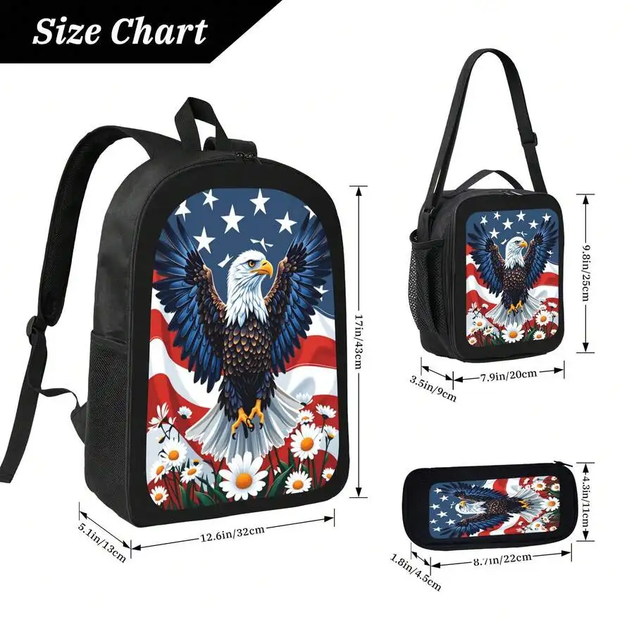 

Patriotic Eagle American Flag Backpack Lunch Bag Pencil Case 3pcs Set Lightweight Daily Use Adjustable Straps Zipper Closure
