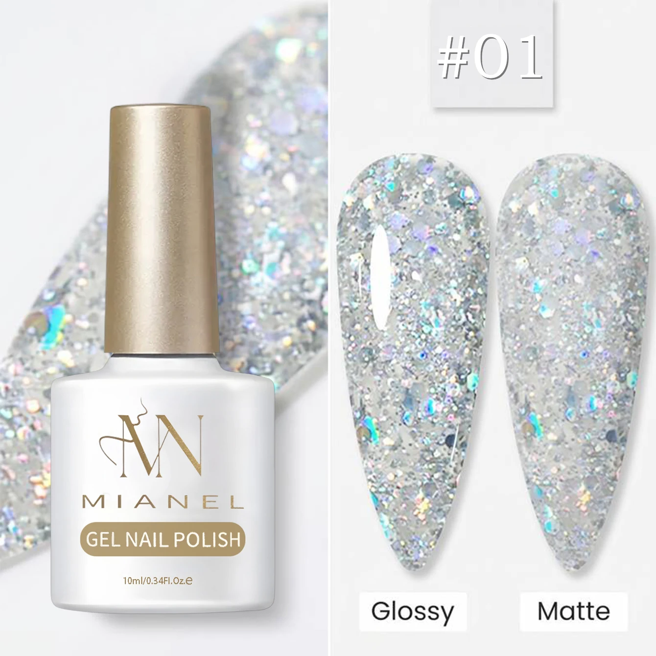 Holographischer silberweißer Glitzer-Grün-Gel-Nagellack, ablösbares LED-Gel, silberweißes irisierendes Glitzer-Gel, für Nagelstudios.
