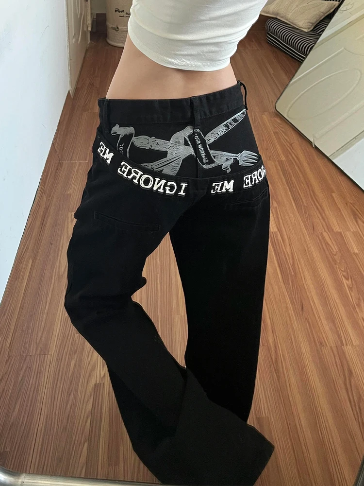 

American Sle Spicy Girl Tailored Letter Patchwork Jeans Loose Dra Pants High Waist Vintage Design Women's Autumn Jeans