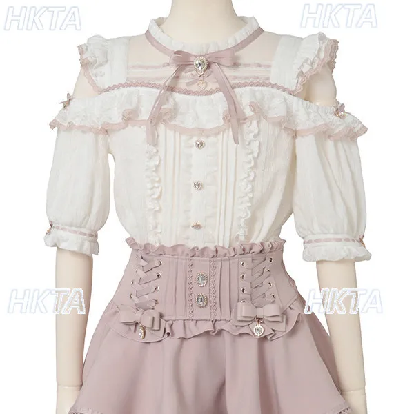 

Japanese Style 2026 Summer New Cute Sweet Short-sleeve Shirt Top Off-the-shoulder Lace Trim with Ruffle Bow Blouse Women