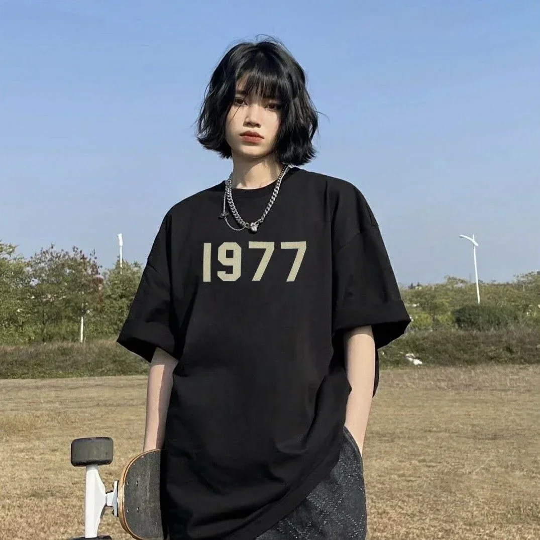 Essentials T-shirts Men's Women's Summer Fashion 1977 Number Printing Oversized Short Sleeve Best Quality Hip-hop Hight Street