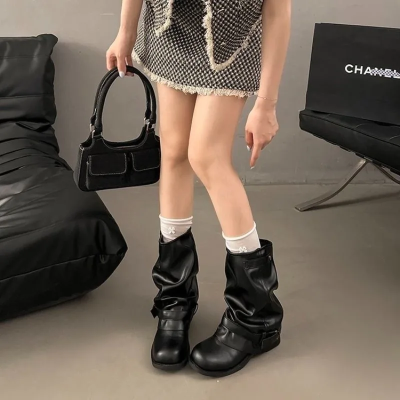 Bottines à bout rond, mi-mollet, style décontracté, en similicuir, avec double boucle et brides, semelle épaisse à plateforme, bottines rétro de cowgirl, à enfiler.
