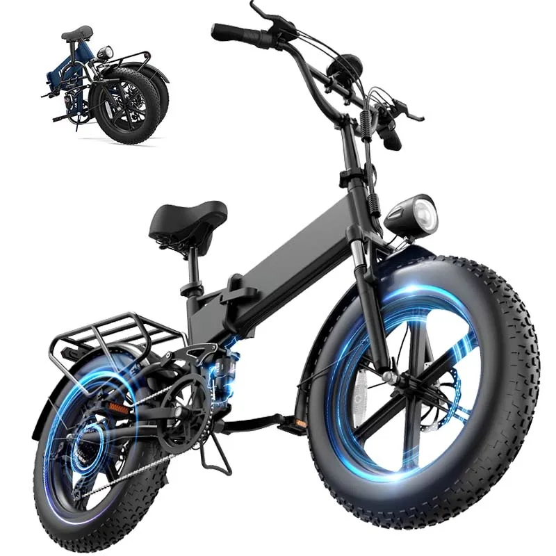 URLIFE T5 Foldable Electric Bike 20 Inch Fat Tire E-Bike for All Terrain 48V Removable Battery Long Range 80Miles Full Suspension Adult Electric Mountain Bike