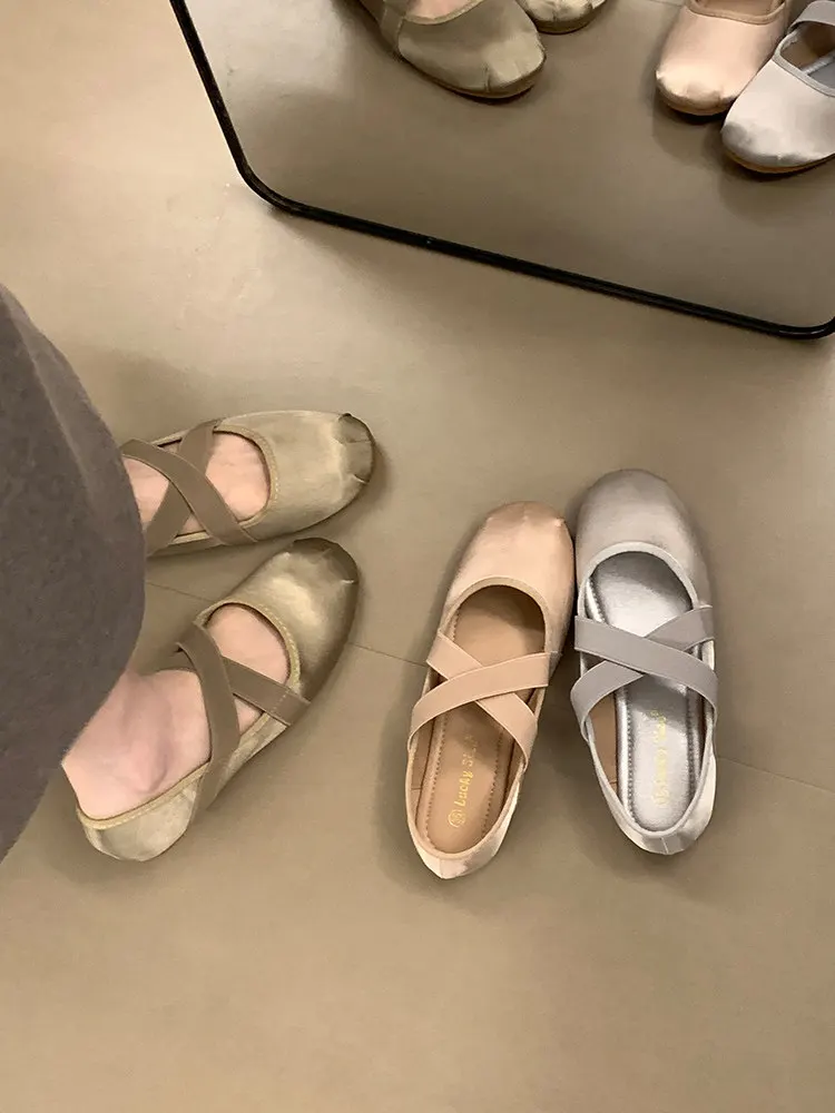 バレエシューズ-レディース-新作-2026-春夏-サテン-スリッポン-ラウンドトゥ-フラットヒール-おしゃれ-スカートに合う-メリージェーンシューズ