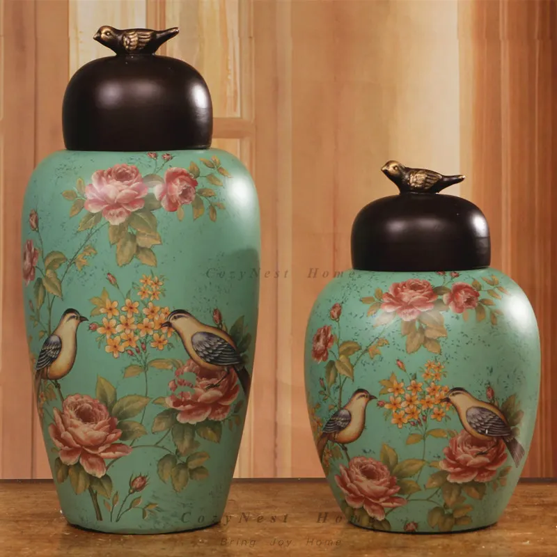 Flower and bird ceramic storage tank, home soft decoration, living room entrance wine cabinet model room ornament European style