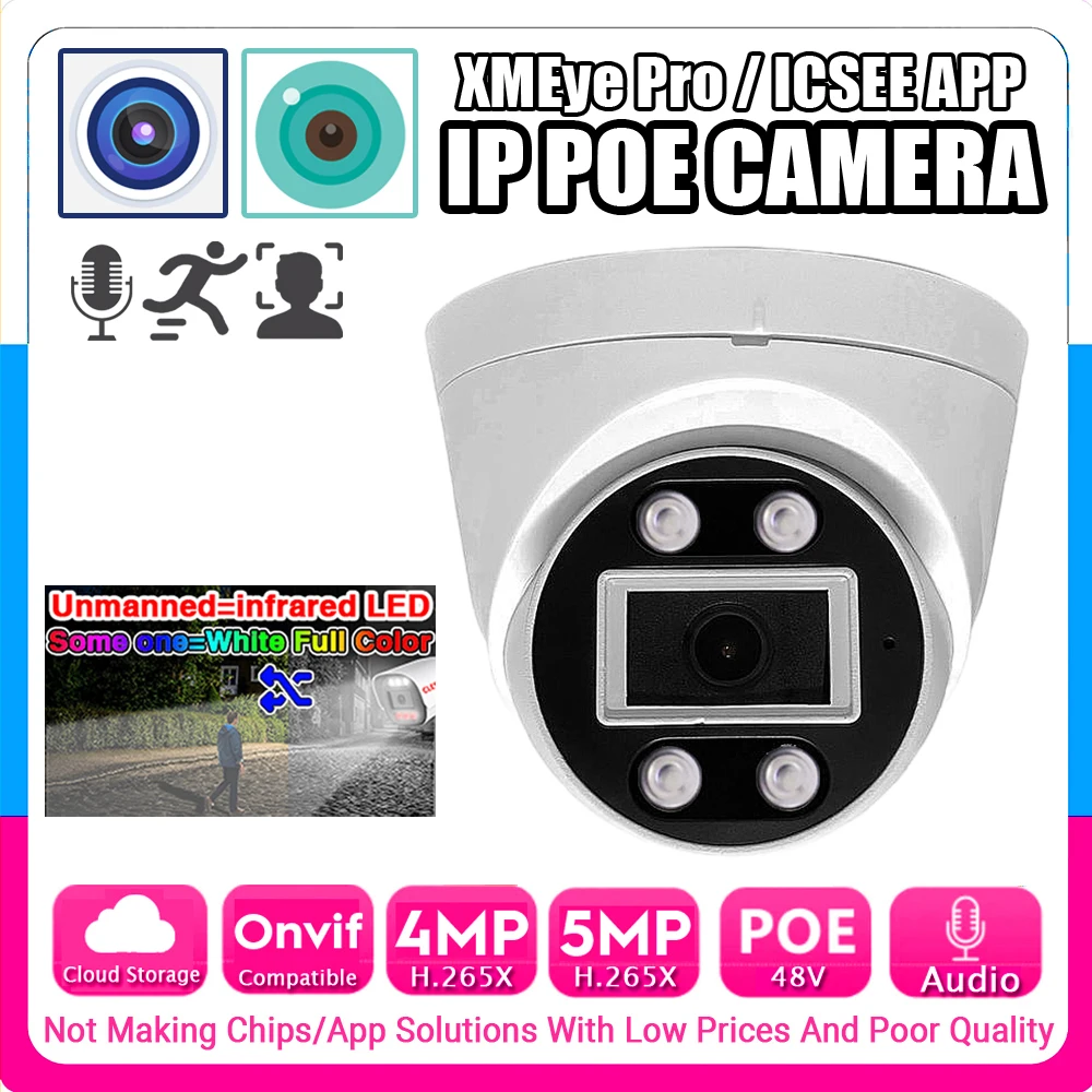 Audio IP POE Dome Camera 5MP 4MP Infrared+Full Color Dual Light Indoor Auto LED HD Mic Onvif Ai Face Detection Xmeye ICSEE Home